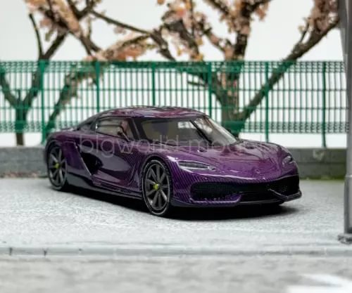 Purple 1:64 diecast sports car model with front 3/4 view and detailed wheels