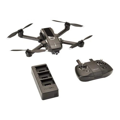 Folding quadcopter drone with controller and extra battery pack