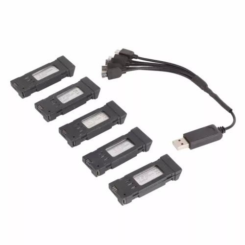 Lithium drone battery 5-pack with USB charging cable and connector