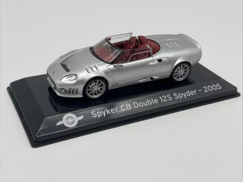 Silver Spyker C8 Double 12s Spyder 2005 diecast convertible model car with red interior on base
