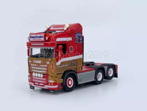 Red 1:64 scale Scania R tractor unit truck diecast metal model, front 3/4 view