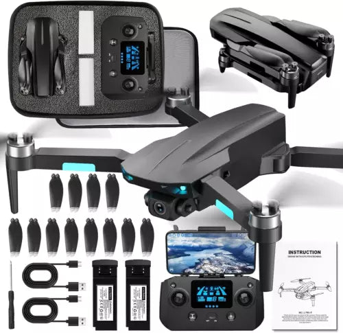 GPS camera drone kit with controller screen, spare propellers, batteries, and instruction sheet