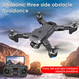 Foldable quadcopter drone with four propellers and remote controller, front/side obstacle sensors