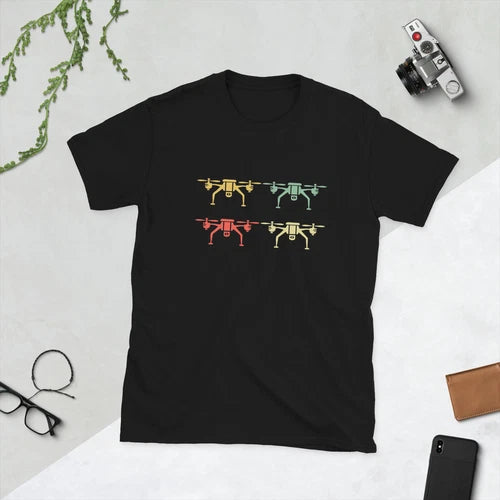 Black T-shirt with multicolor retro quadcopter drone silhouette graphic on chest