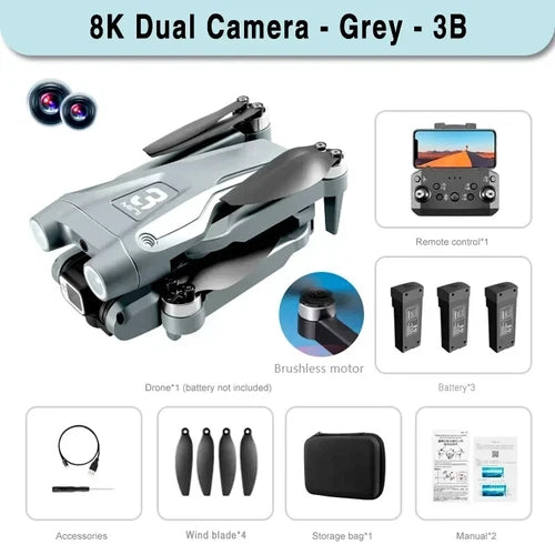 Grey foldable GPS drone with dual cameras, with remote controller and accessories visible