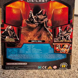 Darth Maul die-cast figure in box, red-and-black face, black robe, lightsaber accessories.