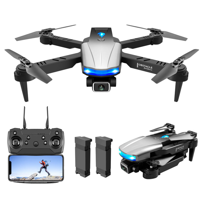 Foldable mini quadcopter drone with front camera, blue lights, and handheld remote