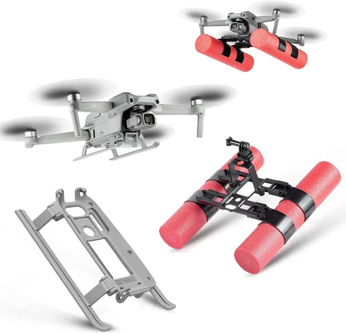Foldable drone landing and water gear with red floats and mounting bracket