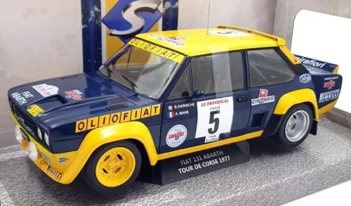 Fiat 131 Abarth diecast model car, blue body with yellow roof and #5 graphic