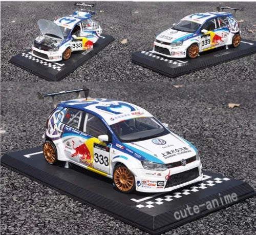 Racing diecast car model #333 in white and blue, on black display base