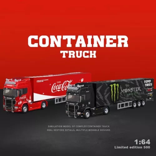1:64 diecast container delivery truck model with red and black tractor units