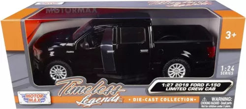 Black die-cast Ford F-150 Limited crew cab pickup truck model in retail box