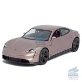 1/36 rose gold Porsche Taycan Turbo S diecast model car, front 3/4 view