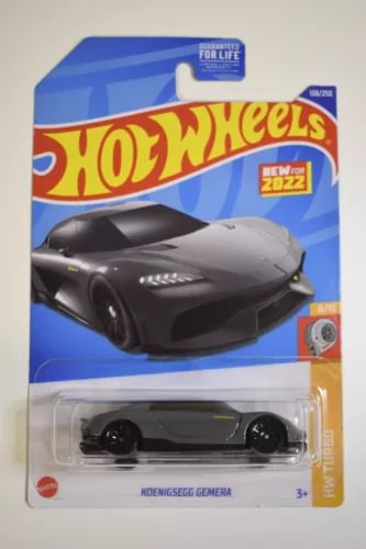 Gray diecast car blister pack, Hot Wheels Koenigsegg Gemera 1:64