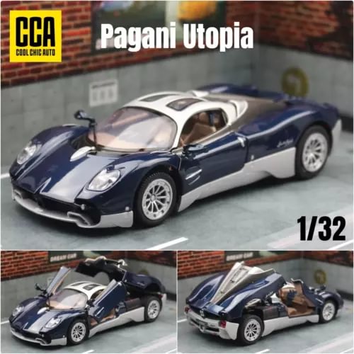 Blue and white diecast toy sports car model with detailed doors and wheels