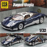 Blue and white diecast toy sports car model with detailed doors and wheels