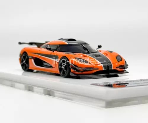 Orange diecast racing sports car toy model with black hood and rear wing, 1:64 scale