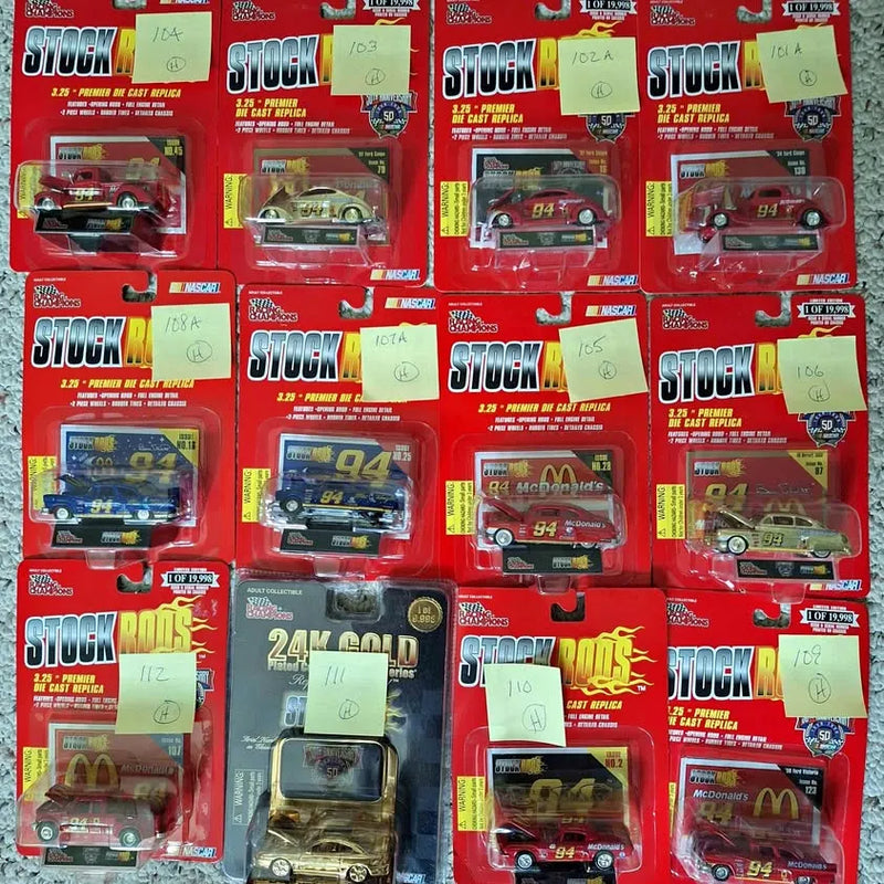 Diecast stock car model in blister package on red card with green accents