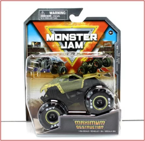 Diecast monster truck in blister pack with black, yellow, and green decals, 1:64 scale.
