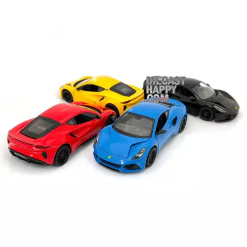 Diecast toy car set of 1:34 scale models in yellow, red, blue, and dark gray
