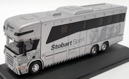 Diecast horsebox truck model, white/gray with Stobart Sport side graphics