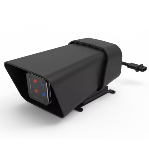 Black warning integrated drone module with angled housing and cable connector