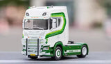 1:64 diecast Scania S730 tractor truck model, white cab with green accents