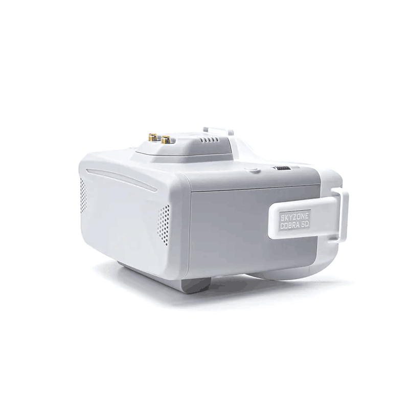 FPV goggles receiver with built-in display unit, white and gray housing, side vents.