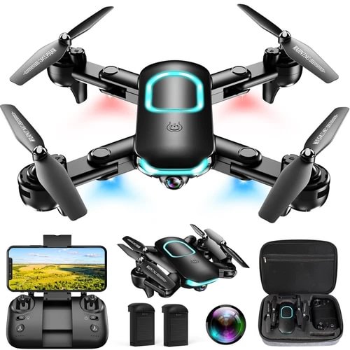 Foldable quadcopter drone with built-in camera, black body and blue LED ring