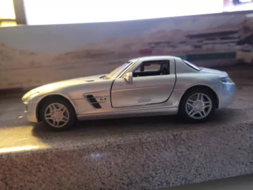 Mercedes-Benz SLS AMG diecast model toy car, silver, 1:36 scale