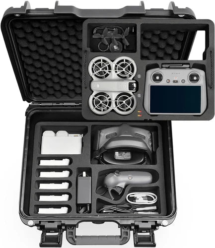 Hard waterproof drone carrying case with foam insert and remote controller compartment