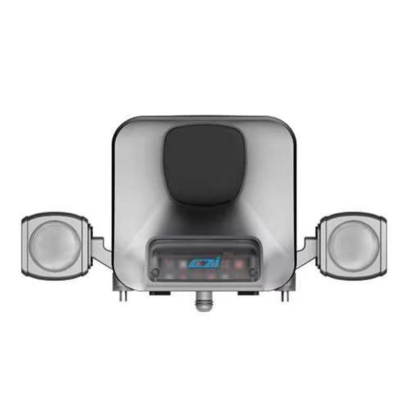 Drone searchlight and broadcasting system with dual side speakers and central lens