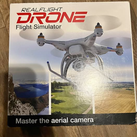 Drone flight simulator PC game box with quadcopter on cover art