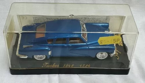 Blue classic Tucker Torpedo diecast car in display box with clear cover