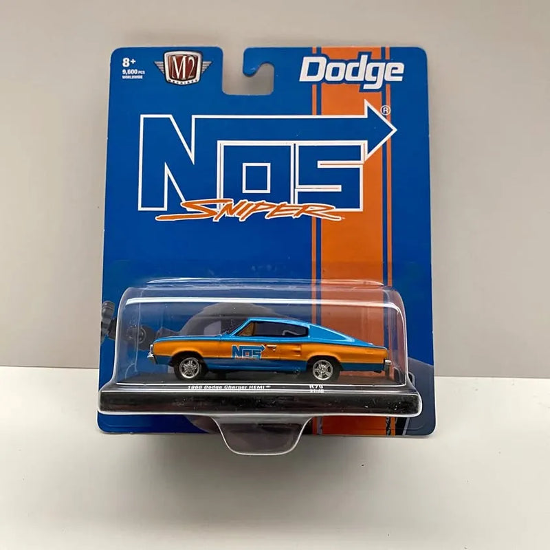 Blue and orange classic muscle car diecast model with orange stripe, in blister package