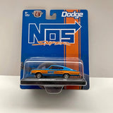 Blue and orange classic muscle car diecast model with orange stripe, in blister package