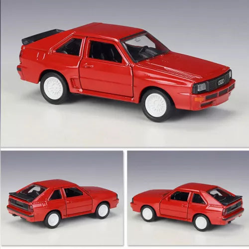 Red Audi Sport Quattro diecast model car, side view