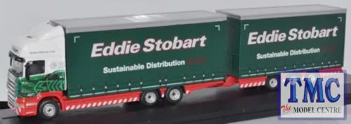 Diecast model truck with Eddie Stobart green and white trailer, boxy drawbar unit