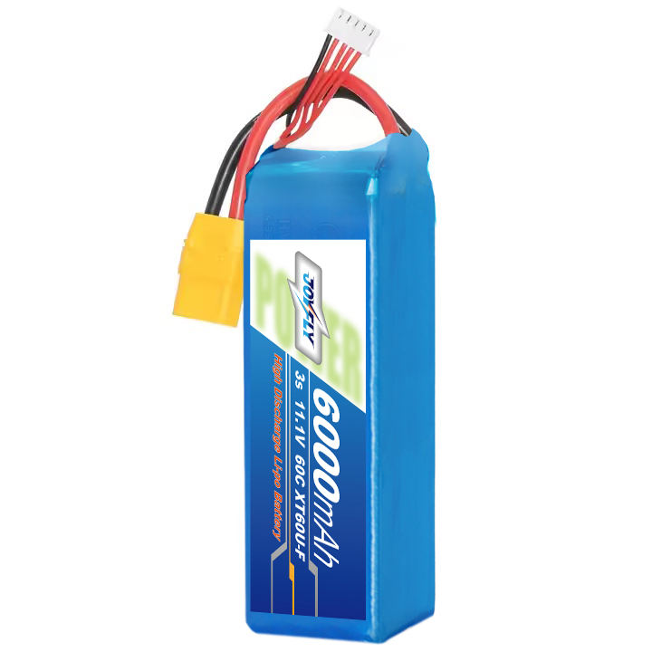 3S LiPo drone battery pack with blue label and red/black leads, balance connector