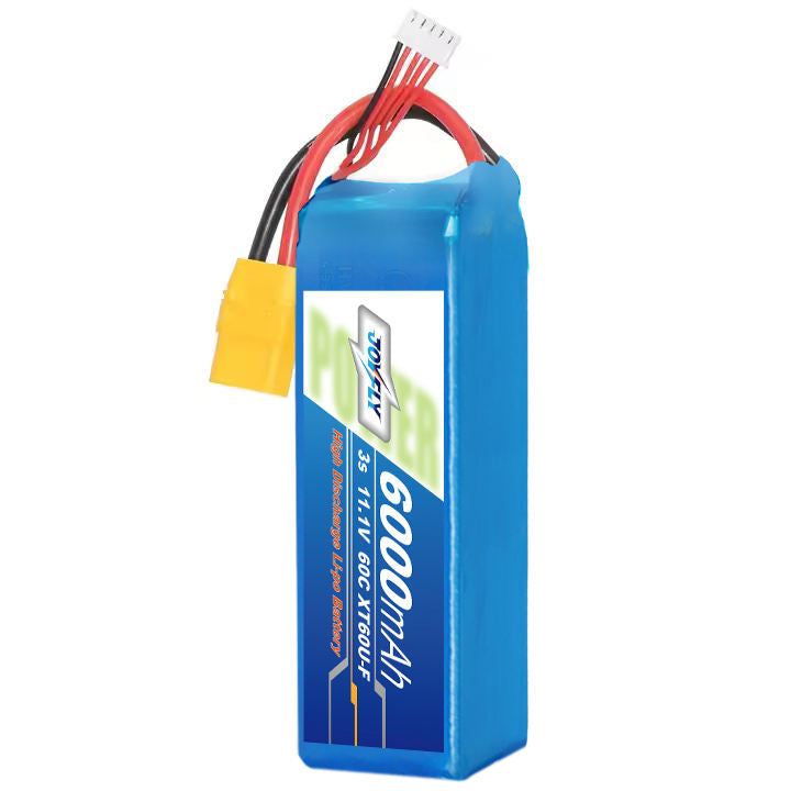 Lithium-ion pouch drone battery pack in blue with balance lead and red/black wires