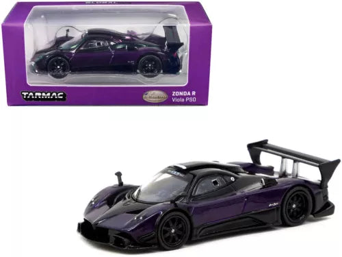 Purple and black 1/64 diecast sports car with open scissor doors, rear spoiler