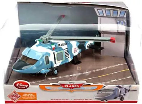 Diecast helicopter toy in retail box, blue and white with rotor blades and red tail boom