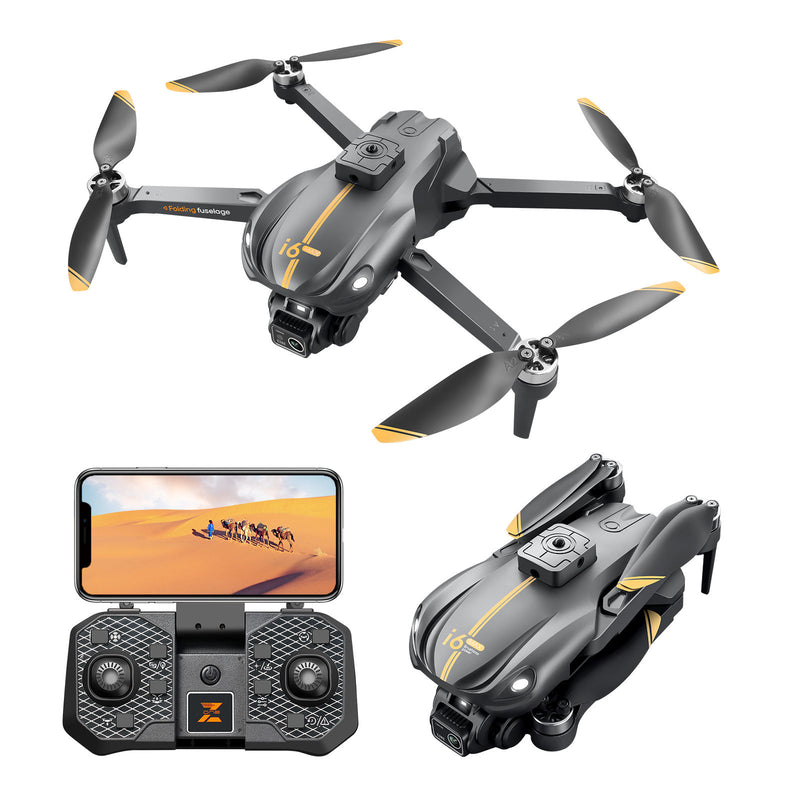 Foldable quadcopter drone with onboard camera, gray body with yellow accents, four propellers