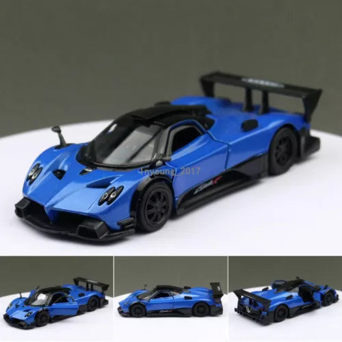 Blue Pagani Zonda R diecast model car with rear wing, detailed black wheels