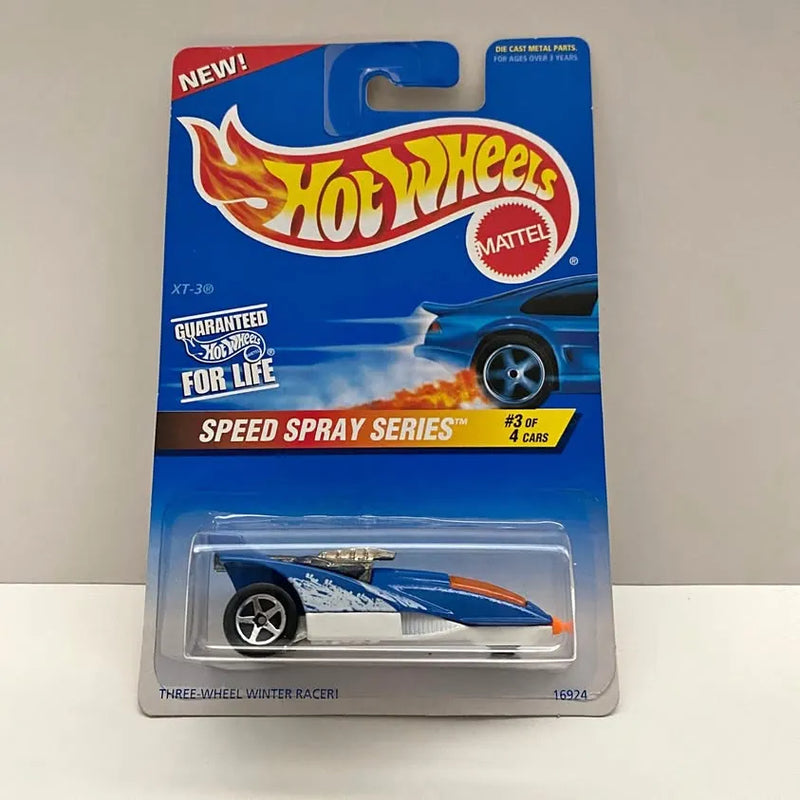 Blue and white diecast racer car in blister pack