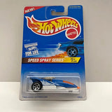 Blue and white diecast racer car in blister pack