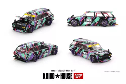 1:64 diecast station wagon with multicolor race livery and HKS V1 decals
