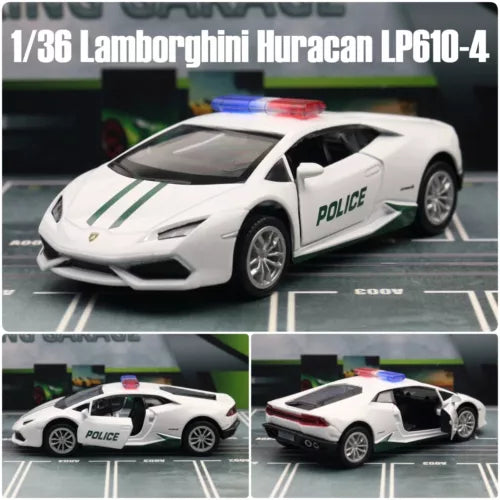 1/36 police sports toy car with white body and green racing stripes