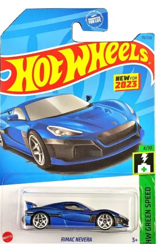 Hot Wheels diecast car, blue Rimac Nevera, in blister pack with clear tray