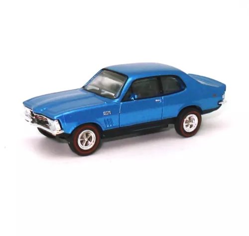 Cyan blue diecast model car, front three-quarter view, silver details and white wheels